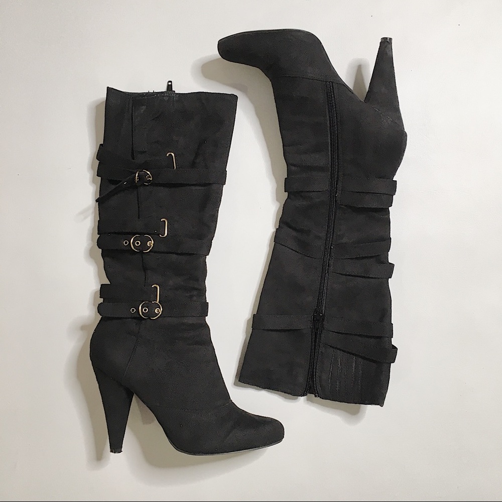Qupid mid thigh high heel boots black suede boots